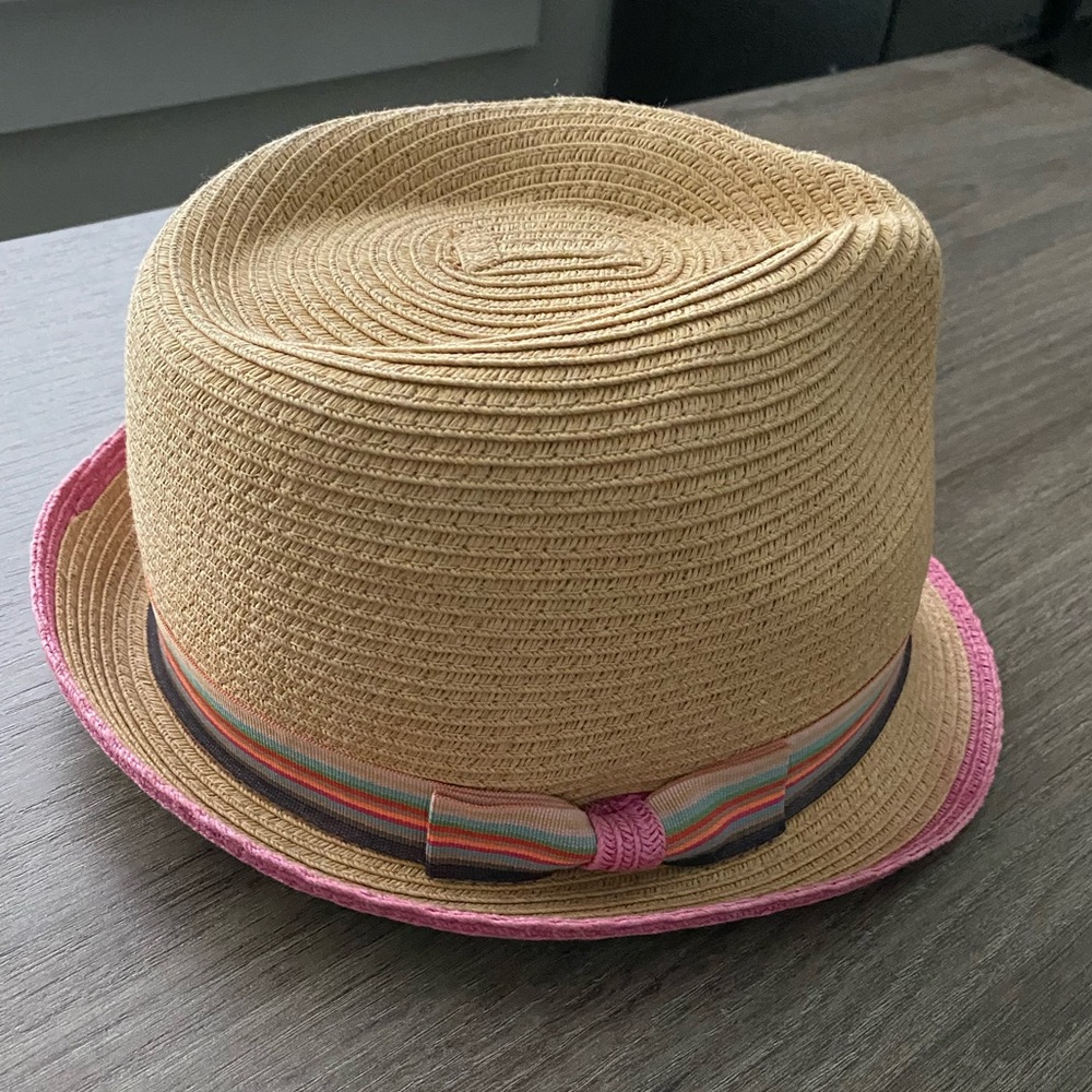 Vintage Target Fedora Paper Hat Beige/Tan/Pink Striped Bow Women’s One Size S M